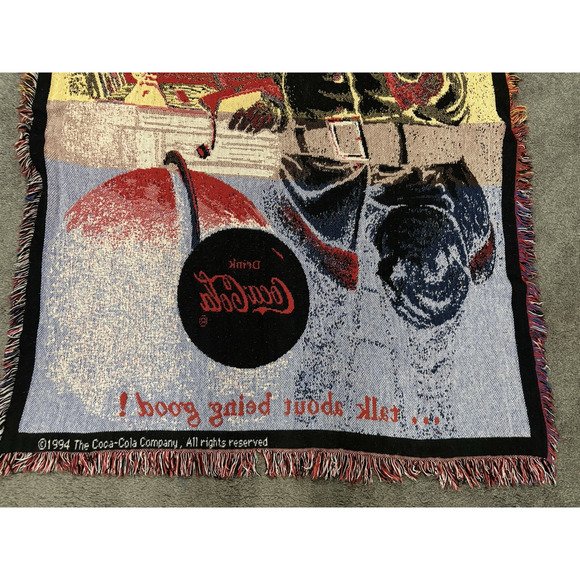 Vintage 1994 Coca Cola Santa Clause Christmas Holiday Woven  1994 Coca Cola Santa Clause Christmas Holiday Woven Fringe Throw Blanket 44X58